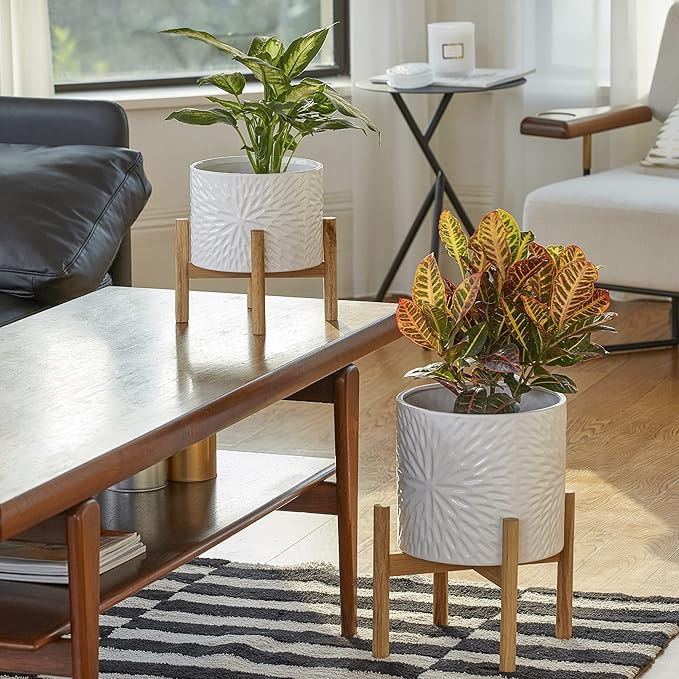 LA Jolie Muse Large Ceramic Planter with Stand Included,10 Inch Unique Modern White Plants Pot,Mid Century Indoor Planter with Wood Planter Holder with Drainage