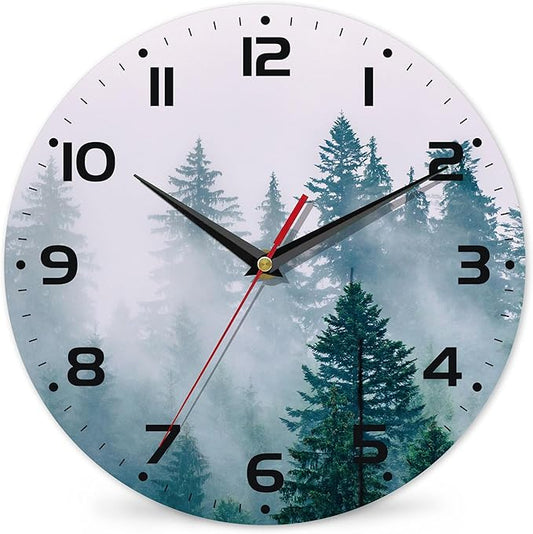 Clock for Living Room, Misty Forest Wall Clocks Wooden Wall Clock Art Hanging Clocks Silent Non-Ticking Wall Clock Battery Operated Round Home Arabic Numeral Decorative Wall Clocks 10 Inch