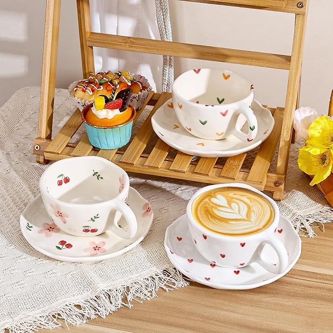 Koythin Ceramic Coffee Mug with Saucers, Handmade Flowers Mugs, Cute Cup for Girl Women, Aesthetic Tea Milk Cup with Handle, 8.5 oz/250 ml for Latte, Cocoa, Office, Home (Pink Cherry Flowers)