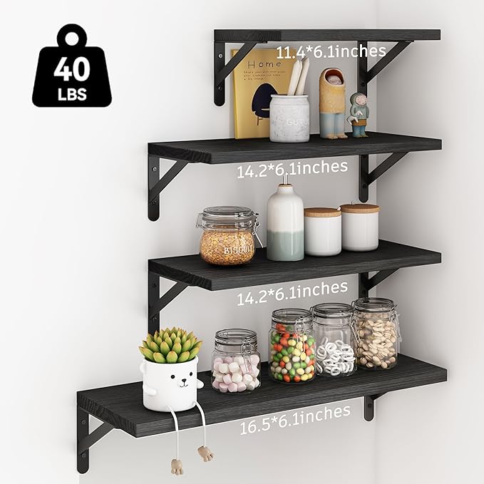 YGEOMER Floating Shelves for Wall, Black Wall Shelves Different Sizes for Living Room, Bathroom, Bedroom, Kitchen, Home Decor (Set of 4)