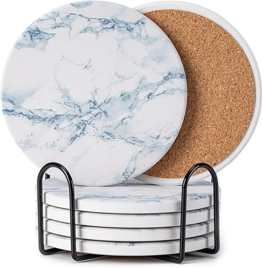 Hoewina 6Pcs Drink Coasters with Holder, Marble Style Ceramic Drink Coaster, Absorbent Coasters Set Suitable for Kinds of Cups, Modern Style Coasters for Coffee Table, 4 Inches（Blue Marble Style）