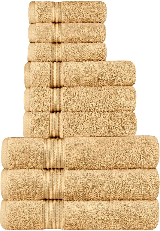 Superior Egyptian Cotton 9-Piece Towel Set, Assorted Towels for Home Bathroom, Guest Bath Decor Essentials, Includes 3 Bath, 3 Hand, 3 Face Towels/Washcloths, Quick Dry, Absorbent - Gold