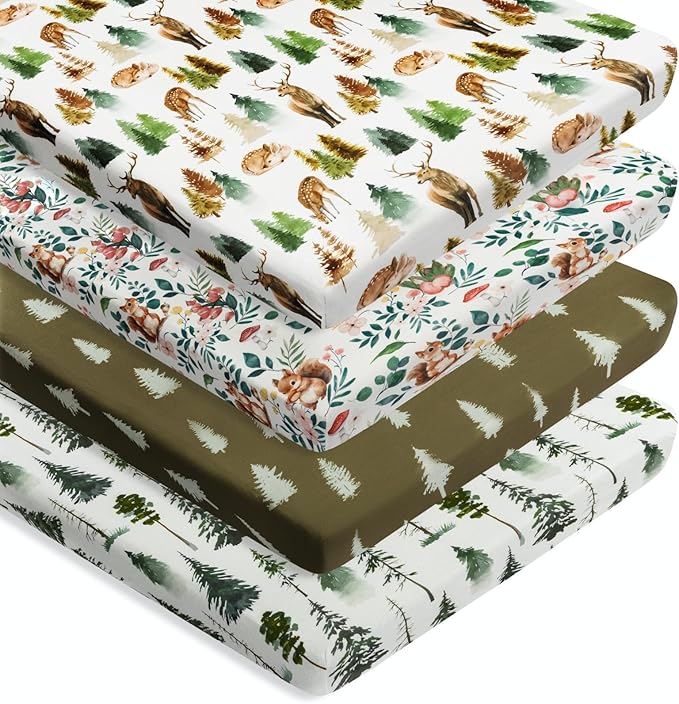 4 Pack N Play Sheets Woodland Forest Animals Wood Neutral Unisex Fitted Baby N Play Sheets Fitted for Standard Pack and Plays and Mini Cribs Set for Baby Boys or Girls (Cartoon Fox)
