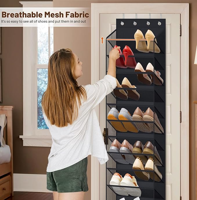 MISSLO 12 Tier Over the Door Shoe Organizer Hanging Shoe Rack for Closet Storage Sneaker Holder for Door Fit 24 Pairs Sandals, Heels, Boots (Black)
