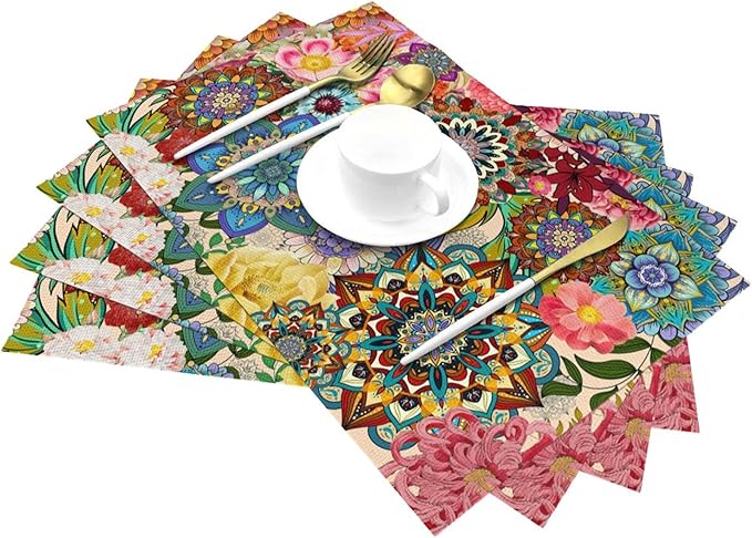 Boho Floral Placemats Set of 4, Colorful Flowers Decorative Dining Table Mats 12"x18", Washable Place Mat for Kitchen Dining Holiday Party Home Decor, House Warming Gifts for New Home Women