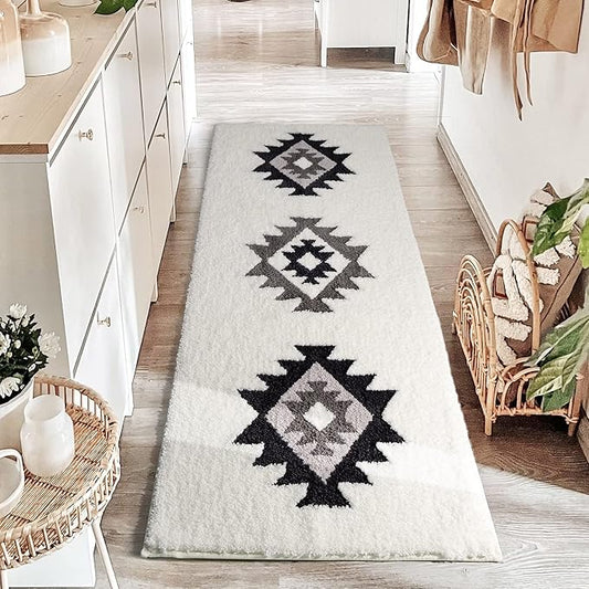 DEXDE Bathroom Runner Rugs 24x60 Boho Long Bath Mat for Bathroom Bedroom Hallway Kitchen Luxury Soft Absorbent Large Bath Rugs Bohemian Carpet Geometric Farmhouse Decor, Black White