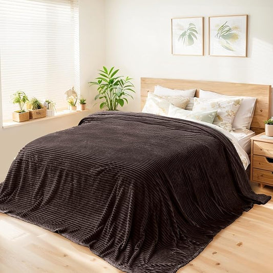 Vessia Flannel Fleece Queen Size Blanket(90x90 inch), 300GSM Cozy Brown Stripe Bed Blanket for Couch, Sofa and Bed, Warm and Soft Chocolate Microfiber Ribbed Decor for All Season