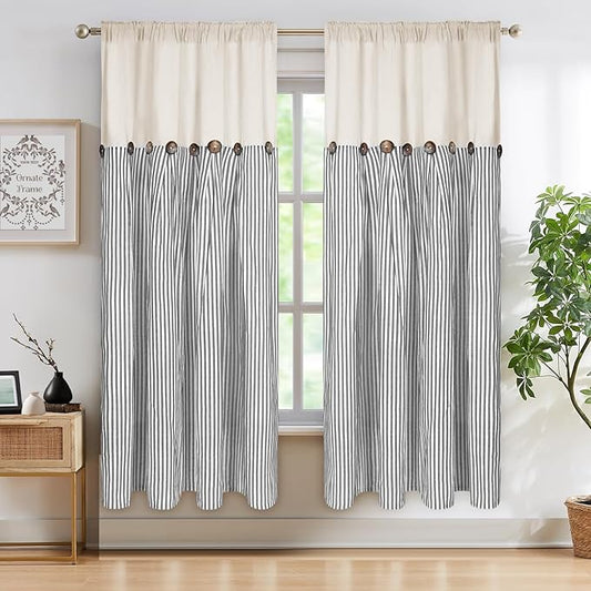 ASPMIZ Cotton Linen Farmhouse Curtains Boho Rustic Button Panel, Linen Window Curtain Panels, Grey Stripe Country Curtain for Living Room, Back Tab Curtains & Drapes for Windows 52 x 63 Inch, 2 Panels