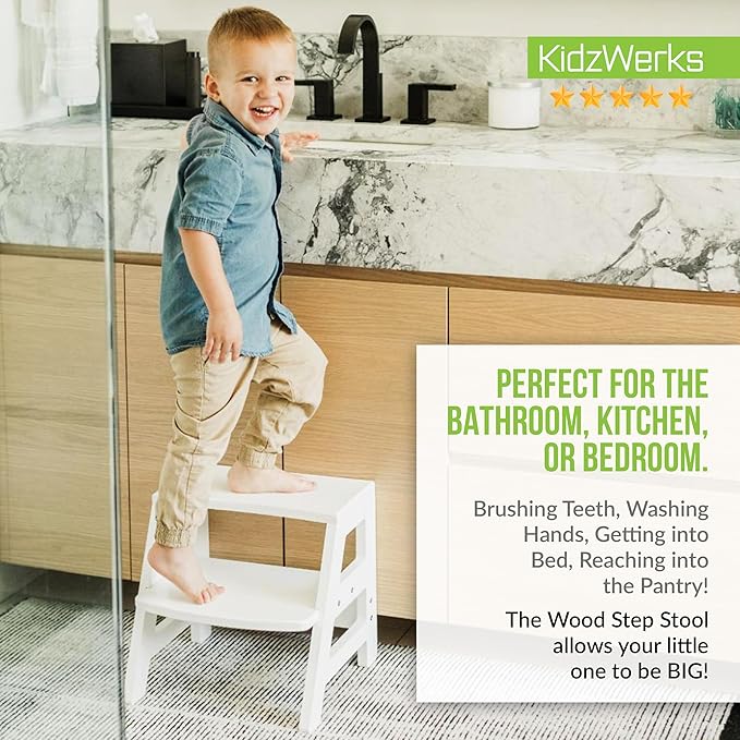 Kids Step Stool for Toddlers Bathroom Kitchen Potty Wooden Children’s Stepping Standing 2-Step Ladder, White