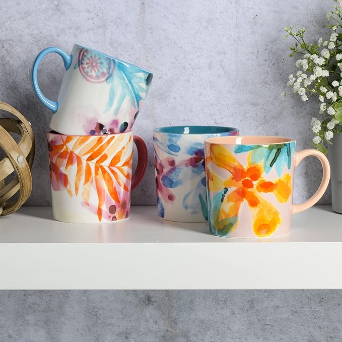 Spice by Tia Mowry Floral Garden 4 Piece Large 17OZ Decorated Porcelain Mug Set Multicolor