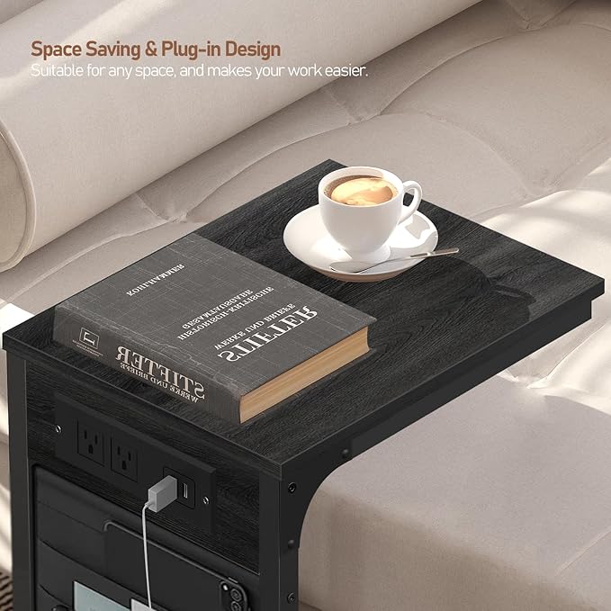TUTOTAK C Shaped End Table with Charging Station, Side Table for Sofa, Couch Table with Storage Bag, Set of 2, TV Tray Table with 2 USB Ports and Outlets for Living Room, Bedroom, TB01BY0242