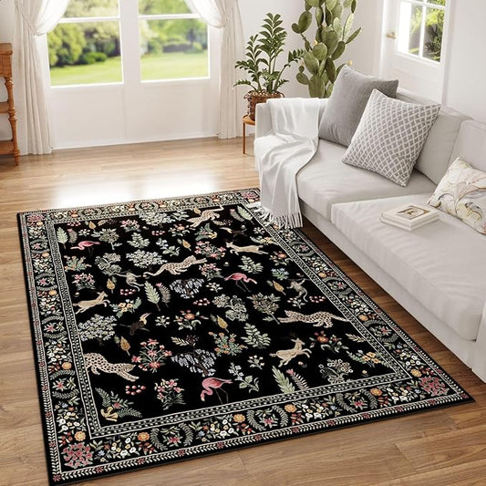 Area Rug 4x6 Rug Washable Boho Rugs Non Slip Low Pile Floral Animal Small Carpet for Bedroom, Bedside, Kids Room, Office, Dining Room (Black)
