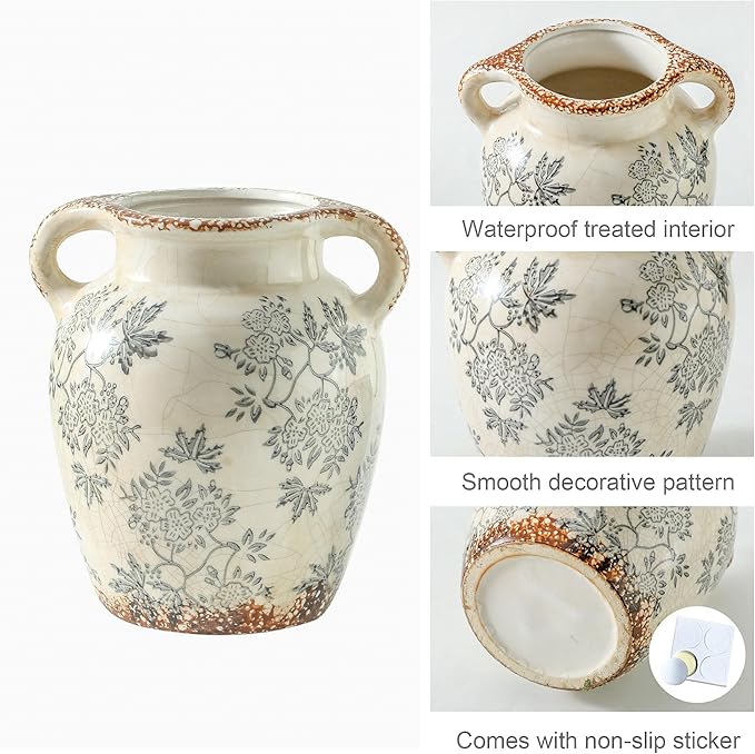Enra Vintage vase with Handle,Blue and White Ceramic Decorative Flower vase, Chinoiserie Floral Vase,Large Rustic Vases for Home Decors, Living Room, Bookshelf, Office,7.8 in