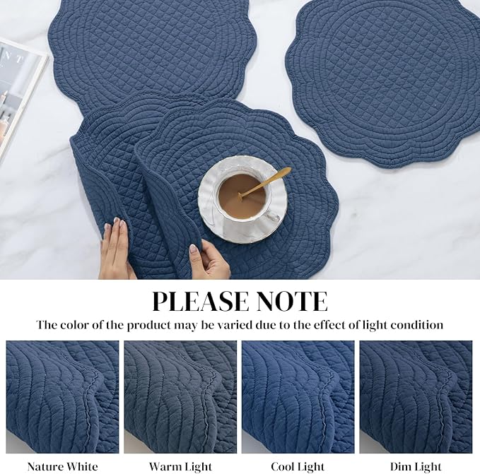 HOMBYS Quilted Placemats Set of 6 Washable Round Placemats for Kitchen Table-100% Cotton Fabric 13 Inch Round Table Mats, Cotton Fabric with Microfiber Filling, (13"x13", Sapphire Blue)