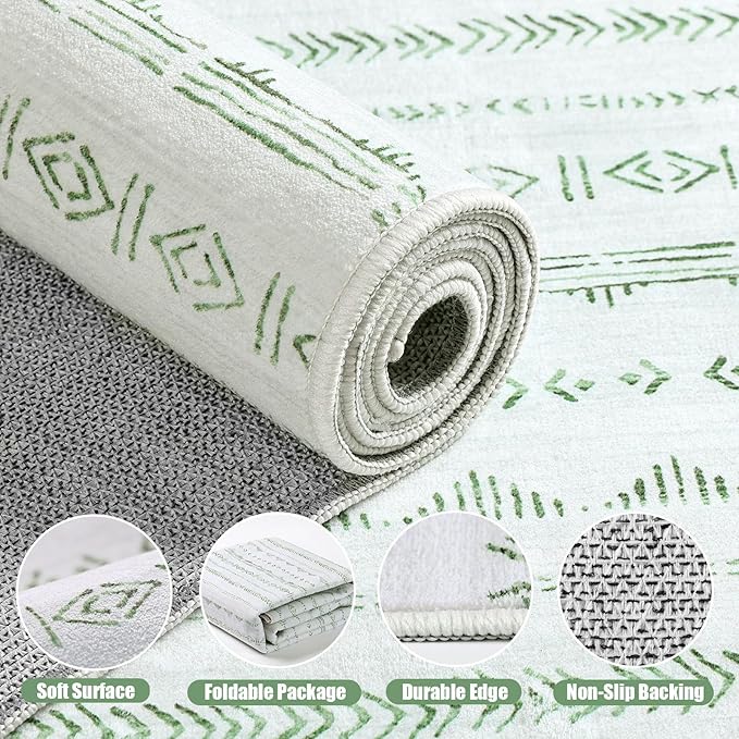 Sage Green Boho Area Rugs 9x12 Living Room, Moroccan Large Rug Farmhouse Washable Rug with Non-Slip Backing, Neutral Morden Indoor Carpet for Bedroom Dining Room
