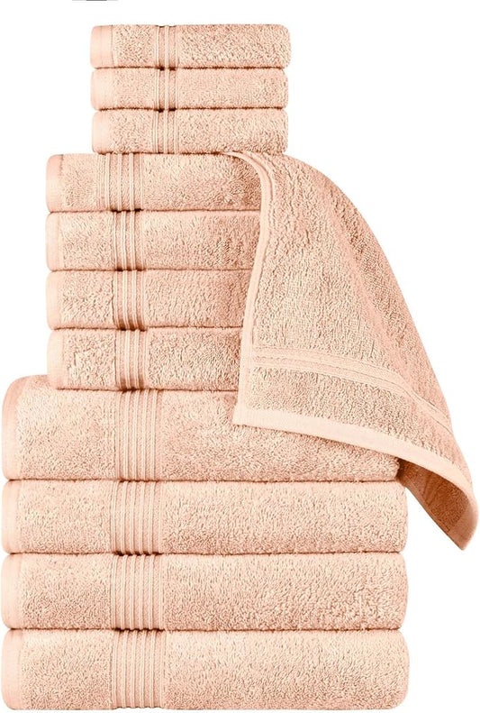 Superior Egyptian Cotton 12-Piece Towel Set, Assorted Towels for Home Bathroom, Guest Bath Decor Essentials, Includes 4 Bath, 4 Hand, 4 Face Towels/Washcloths, Quick Dry, Absorbent - Peach