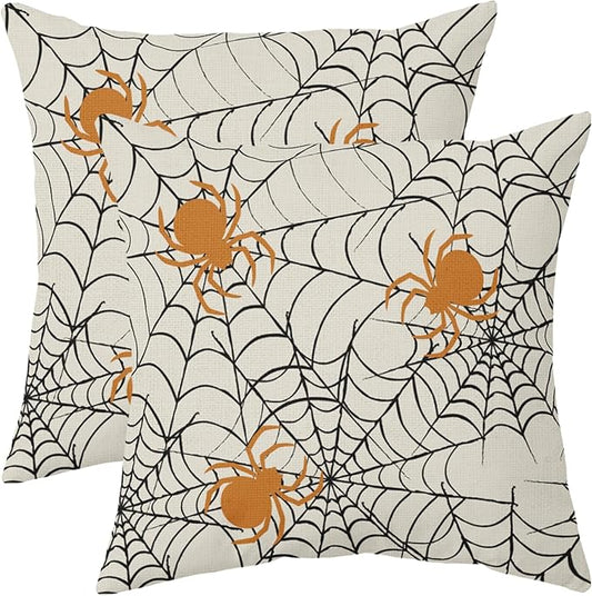 Halloween Spiderweb Pillow Covers 18x18 Set of 2 Cream Black Spider Web Orange Spider Outdoor Decorative Throw Pillows Scary Farmhouse Pillowcases Linen Cushion Case Decor for Home Sofa Couch Bed