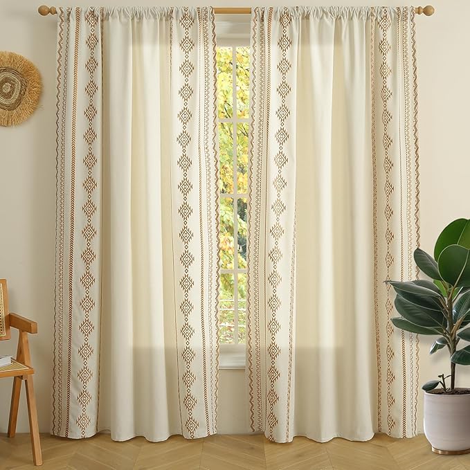 ColorBird Boho Curtains Embroidered Gold Vintage Light Filtering Rod Pockets Curtain 63 inch Length 2 Panels Set Drapes for Living Room Bedroom