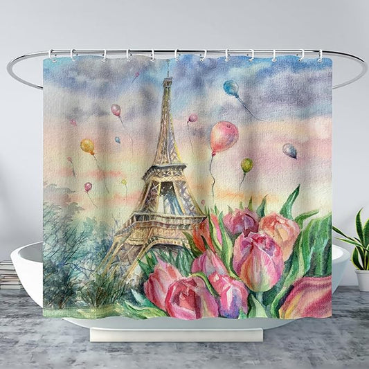 AILONEN Eiffel Tower Shower Curtain,Fantasy Tower Bathroom Fabric Shower Curtain for Girls Kids Teens, 72" W*78" H Flower Balloon Paris Tower Watercolor Theme Bathroom Decor