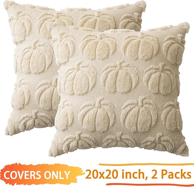 Beige Pumpkin Fall Decorative Throw Pillow Covers 20"x20", Set of 2 Soft Faux Fur Pillow Covers for Autumn Harvest, Fluffy Plush Accent Pillow Cases for Farmhouse Couch Cushion Covers