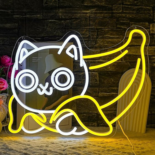 Cat Neon Sign for Wall Decor Banana Neon Light USB Powered LED Neon Sign Yellow LED Neon Light for Bedroom Zoo Pet Shop Cat House Decoration(16.9"*12.6")