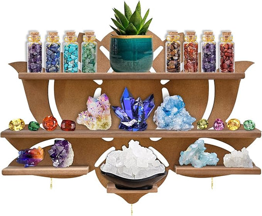 Chakral Wooden Lotus Flower Shelf for Crystals - Floating Crystal Display Shelf & Holder, Wall Decor for Bedroom Aesthetic, Pinewood (Brown)