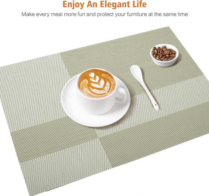 Placemats Set of 12,Washable,Heat and Stain Resistant Indoor/Outdoor Place mats, Vinyl Woven Non Slip Table Mats for Restaurant Table Protection, PVC Table Placemats.(Green, 12PCS)