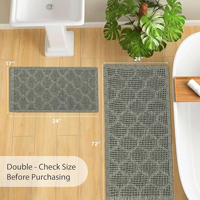 Upgraded Green Waffle Bathroom Runner Rugs, Super Absorbent Non Slip Bath Mats for Bathroom Floor, Extra Long Soft Bath Rugs with Tassels for Hallway Laundry Room, Machine Washable, 24" x 72"