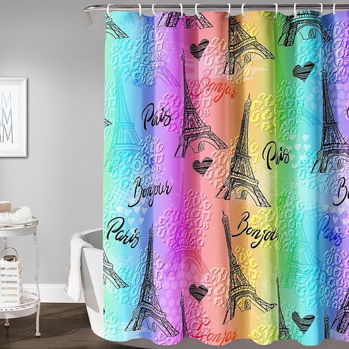 AILONEN Rainbow Shower Curtain for Bathroom, Rainbow Gradient Eiffel Tower Printed Bath Curtain,Women Girls Kids Minimalist Waterproof Fabric Shower Curtain Set with Hooks 72" W*84" H