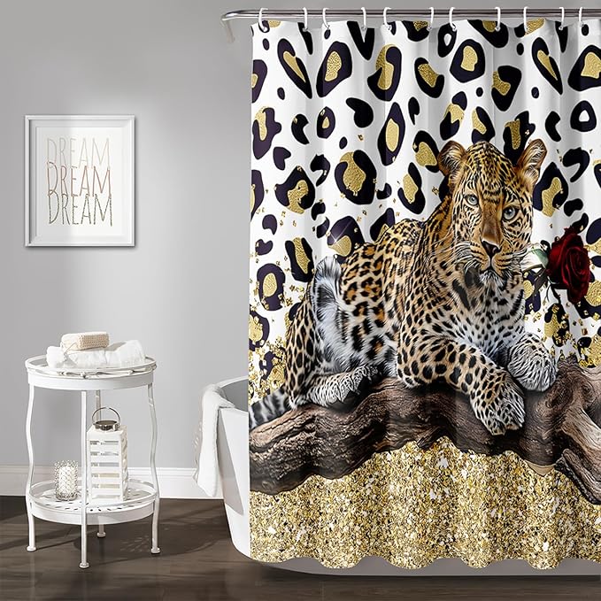 AILONEN Leopard Shower Curtains for Bathroom,Rose Leopard Bath Shower Gifts for Lover,Wild Animal Curtains Polyester Waterproof with 12 Plastic Hooks 72" W*72" H