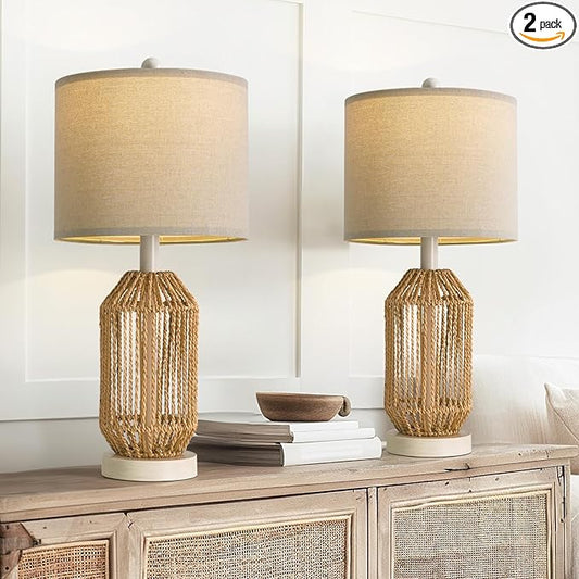 OYEARS 21" Boho Table Lamps Set of 2 for Living Room, Bedside Lamps for Nightstand, Rattan Lamp for Bedroom, Farmhouse Table Lamps for Boho Decor, End Table, Retro, White