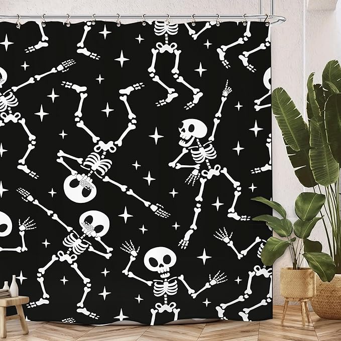 Skull Skeleton Halloween Shower Curtain 60Wx72L Inch Funny Black White Scary Horror Spooky Dancing Day of The Dead Holiday Bathroom Set Accessories Decor with 12 Pack Hooks