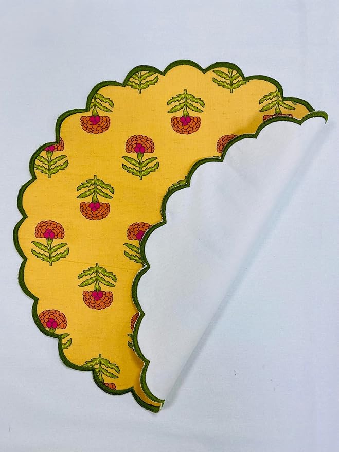 Ridhi Pestal Orange Bo-ho Round Place Mat Double Layer Floral Cotton Washable Placemats 15" Round Embroidery Block Print Table Mat Pack of 4-15 Inch Round