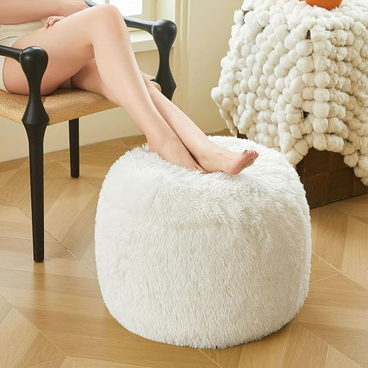 XeGe Fluffy Faux Fur Inflatable Pouf Ottoman, Soft Portable Shaggy Fuzzy Foot Stool Ivory, Plush Furry Foot Rest Floor Pouf Anti-Slip, Round Ottoman Cushion Living Room Bedroom Patio Dorm, Beige