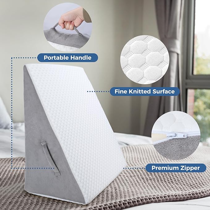 COOLBEBE Bed Wedge Pillow for Sleeping,12Inch Elevated Wedge Pillow for Sleep Apnea, Foam Wedge Triangle Pillow for Acid Reflux, Gerd and Snoring - Breathable Air Layer Washable Cover