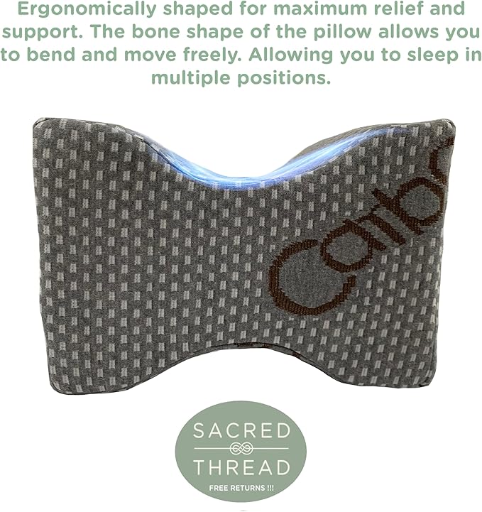 Sacred Thread Memory Foam Knee Pillow for Side Sleepers, for Knee, Hip, and Back Pain, Cooling Rayon Made from Bamboo Cover, Pillow for Between Legs (Grey Bone)