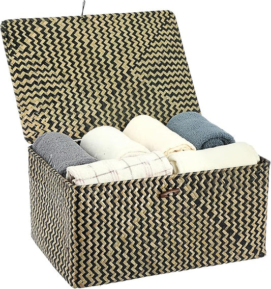 Hipiwe Wicker Shelf Baskets Bin with Lid, Handwoven Seagrass Basket Storage Bins Rectangular Household Basket Boxes for Shelf Wardrobe Home Organizer, Black,X-Large