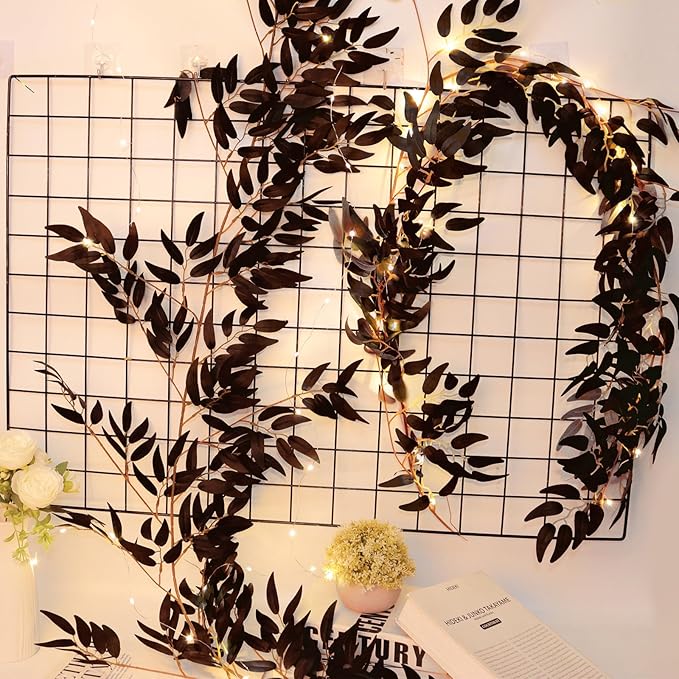 Artificial Black Willow Leaves Vine Twigs Whit Light 2Pcs 5.7Ft Fake Hanging Black Halloween Garland Faux Silk Willow Leaves Ivy Indoor Outdoor Jungle Birthday Autumn Wreath Halloween Party Decor