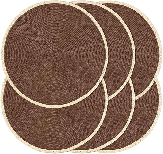 Noctiflorous Round Braided Placemats Set of 6 Table Mats 15 Inches Washable Heat Resistant for Dining Table Non-Slip Indoor Outdoor Place Mats for Easter(01 Chestnut Brown 6)