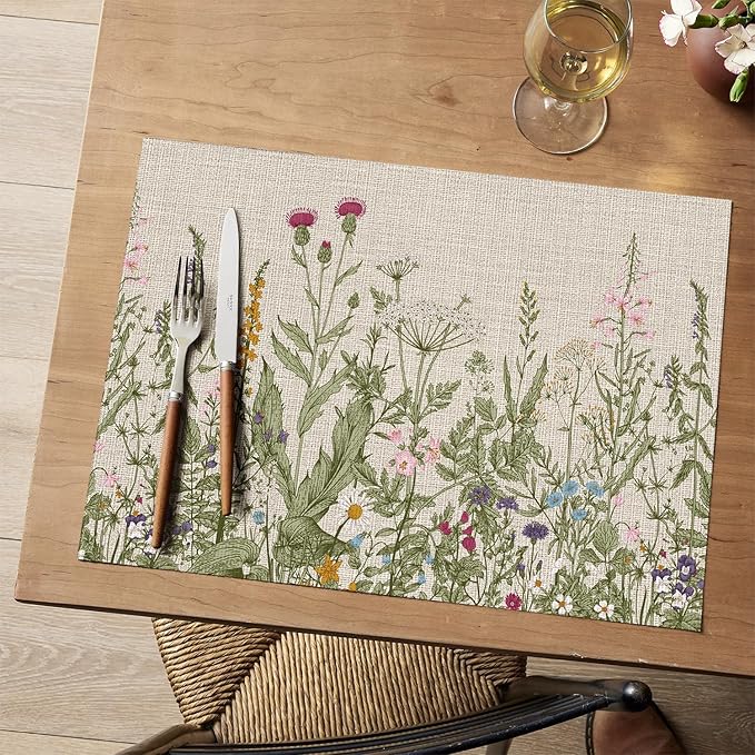 Artoid Mode Wildflower Vinyl Placemats Set of 4, Washable Non-Slip Plastic PVC Table Mats for Spring Party Kitchen Dining Decor, 12x18 Inch