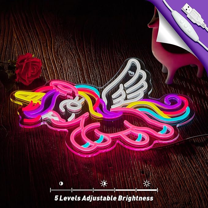 Unicorn Neon Sign for Wall Decor Pink Flying Unicorn LED Light USB Powered Dimmable with Hanging Chain Gifts for Girls Kids Decoration for Bedroom Party