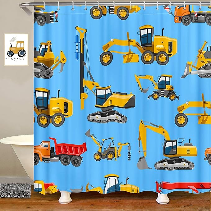 Construction Vehicles Shower Curtain for Kids Yellow Truck Excavator Tractor Cars Blue Boys Bathroom Curtain Waterproof Polyester Fabric Bath Curtain 72 x 72 Inch with 12 Plastic Hooks
