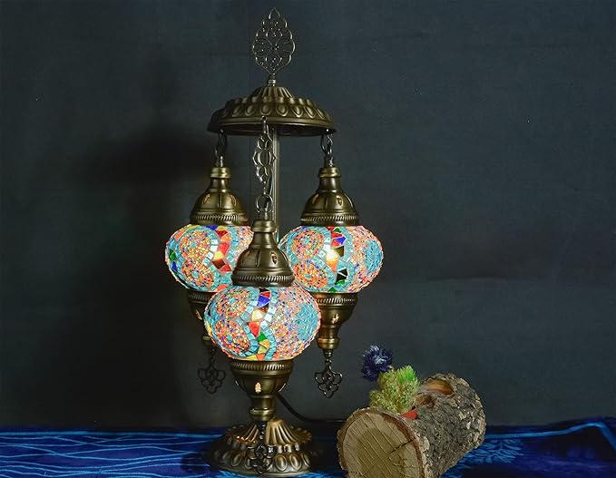 mozaist 3 Globe Turkish Mosaic Table Lamp, Stained Glass Tiffany Style Moroccan Desk Light, Handmade Vintage Antique Entryway Decorative Colorful Lighting with US Plug & E12 Socket (Multi-Colored)
