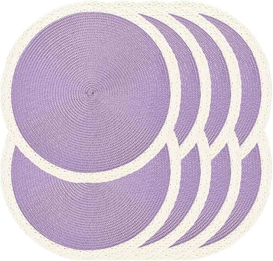 Noctiflorous Round Braided Placemats Set of 8 Table Mats 15 Inches Washable Heat Resistant for Dining Table Non-Slip Indoor Outdoor Place Mats for Easter(02 White Edge Purple 8)