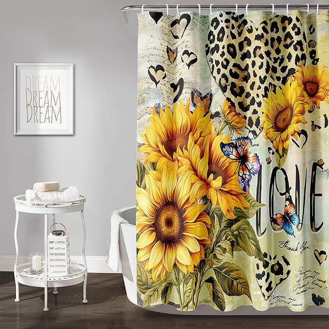 AILONEN Sunflower Waterproof Shower Curtain,Yellow Sunflower Bath Curtain for Girls Women,Romantic Hearts Butterfly Flower Bathroom Curtain with 12 Plastic Hooks, 72" W x 84" H