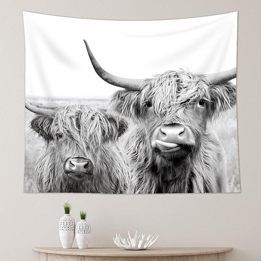 AMBZEK Two Cows Tapestry 51Hx59W Inch Bull Highland Cow Western Farmhouse Farm Country Rustic Cattle Animal Wildlife Funny Cute Milk Artwork Modern Wall Hanging Bedroom Living Room Dorm Decor Fabric
