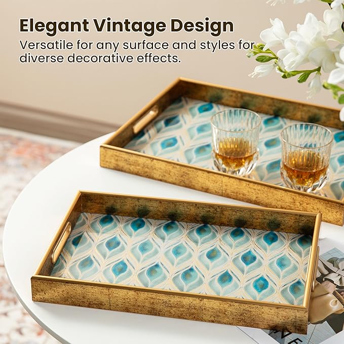Glitzhome Serving Tray with Handles, Set of 2 Rectangle Wooden & Plastic Peacock Feathers Pattern Decorative Trays Storage Tray for Living Room Ottoman Party Supplies, 17.5" x12.5" and 15.75" x 9.75"
