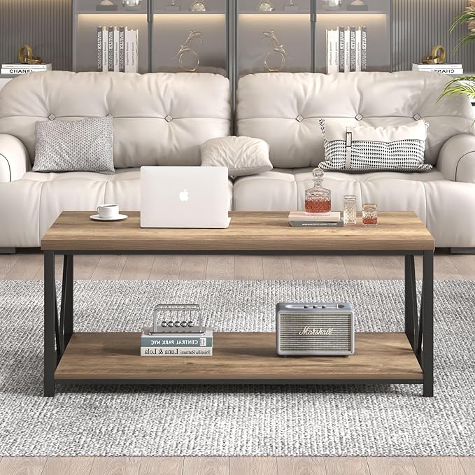 FOLUBAN Coffee Table with Storage Shelf, Modern Industrial Metal and Wood Living Room Table, Small Rectangle Cocktail Tea Table for Bedroom Home Office, Rustic Oak, 39.3 Inch