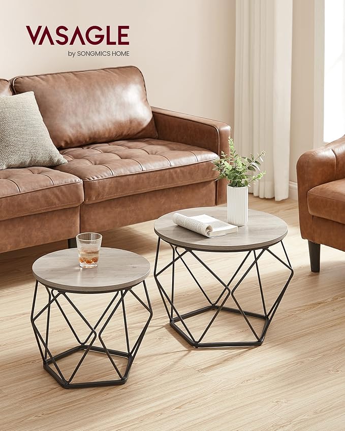 VASAGLE Small Coffee Table Set of 2, Round Coffee Table with Steel Frame, Side End Table for Living Room, Bedroom, Office, Greige and Ink Black