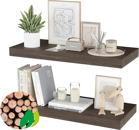 Floating Shelves for Wall - 32 x 9 Inch Natural Wood Shelves for Bathroom, Bedroom, Kitchen Decor, Farmhouse Decor Set of 2, Rustic Brown